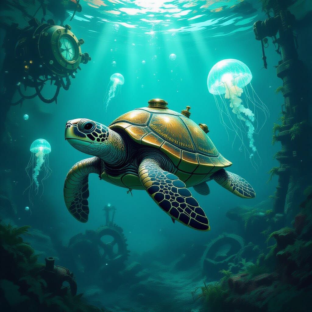 Steampunk Sea Turtle Explores Sunken Lab Ruins