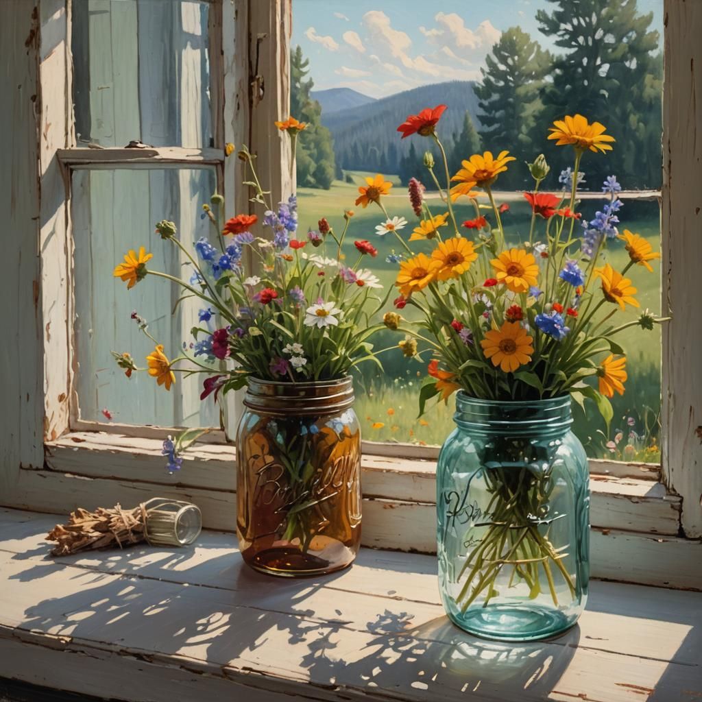 Wildflowers in Mason Jar: Oil Painting