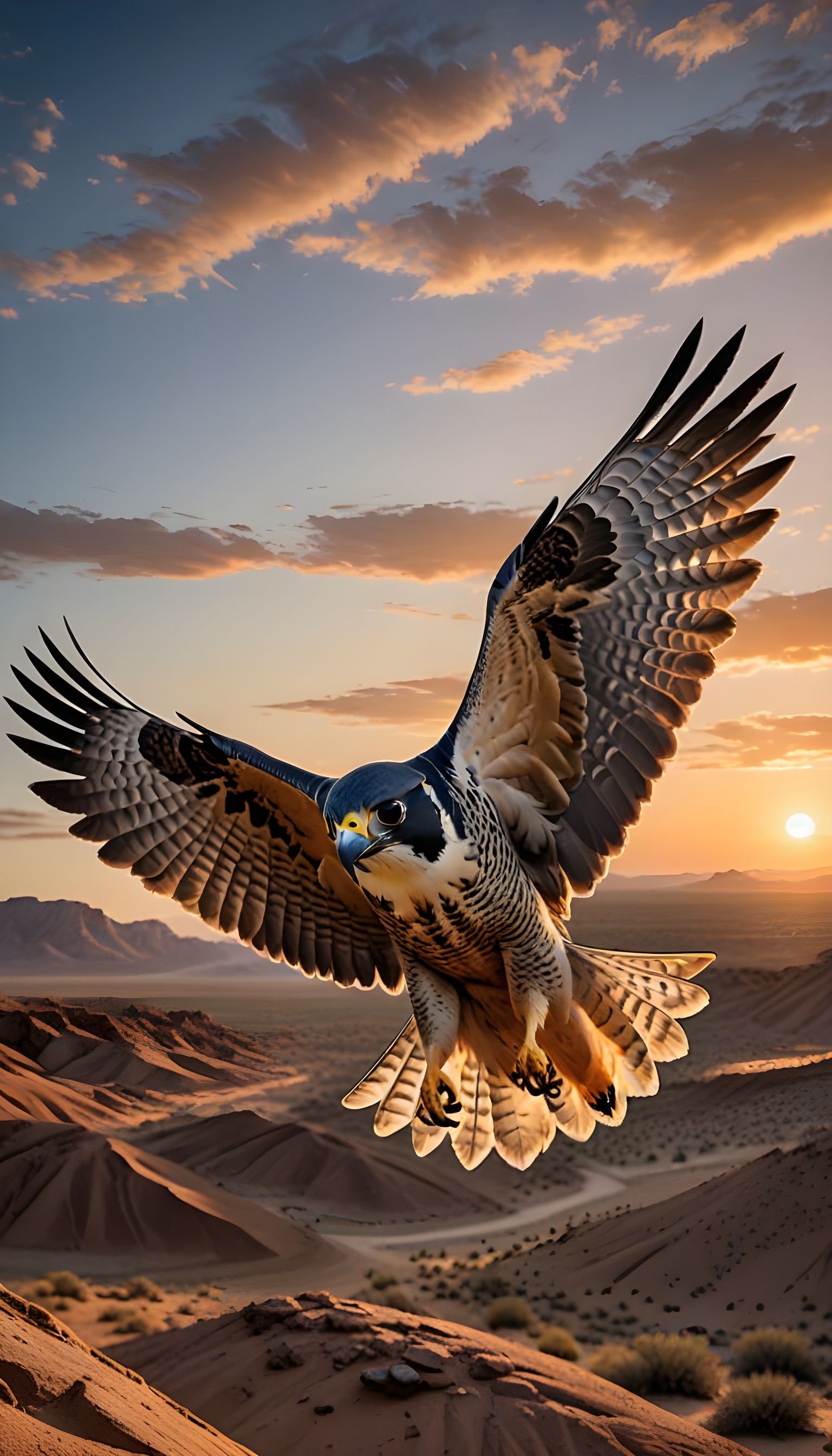 Hyperrealistic Falcon in Flight Over Golden Desert at Sunset