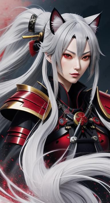 Anime Samurai Girl with Cat Ears in Black-Red Armor