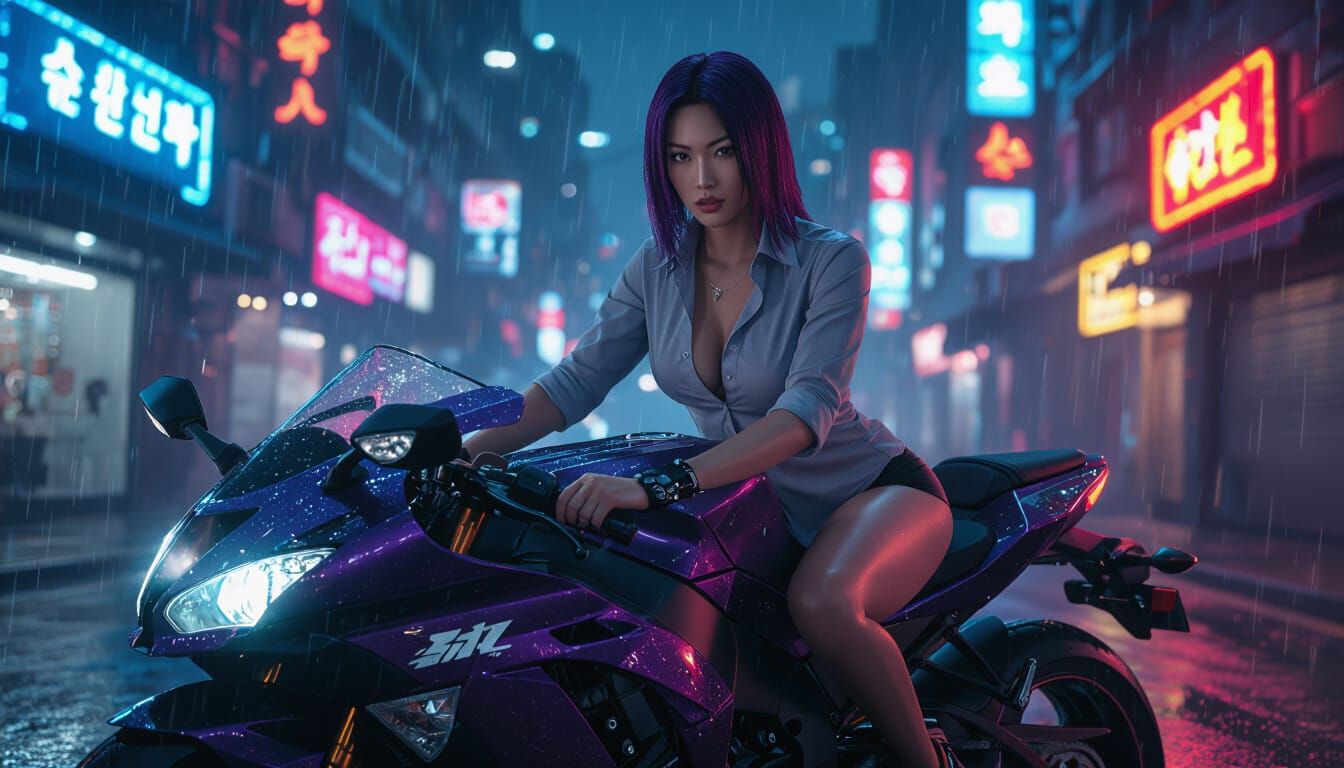 Cyberpunk Biker Rides Through Neon Cityscape