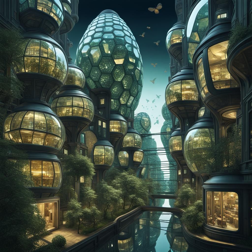 Futuristic City of Glass in Op Art Style