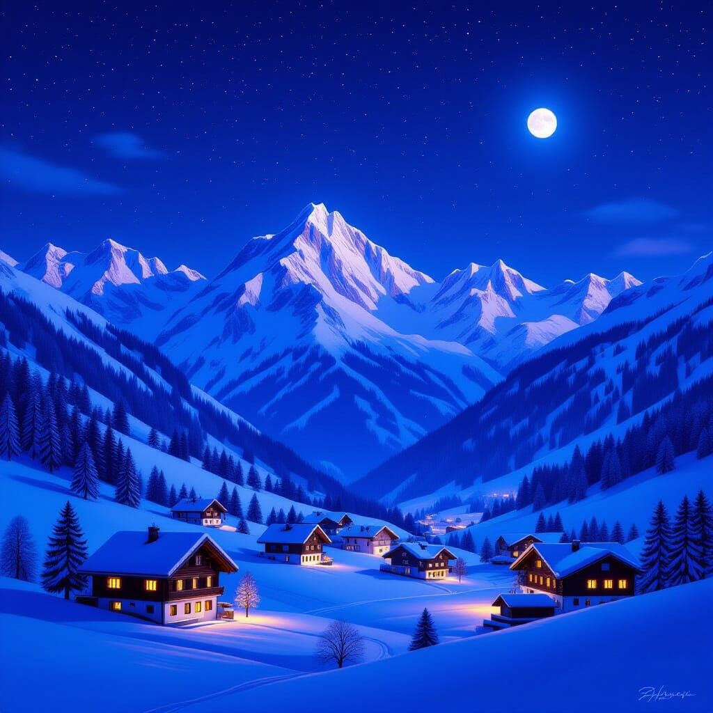 Starry Night Over Swiss Alps Chalets in Hyperrealistic Style