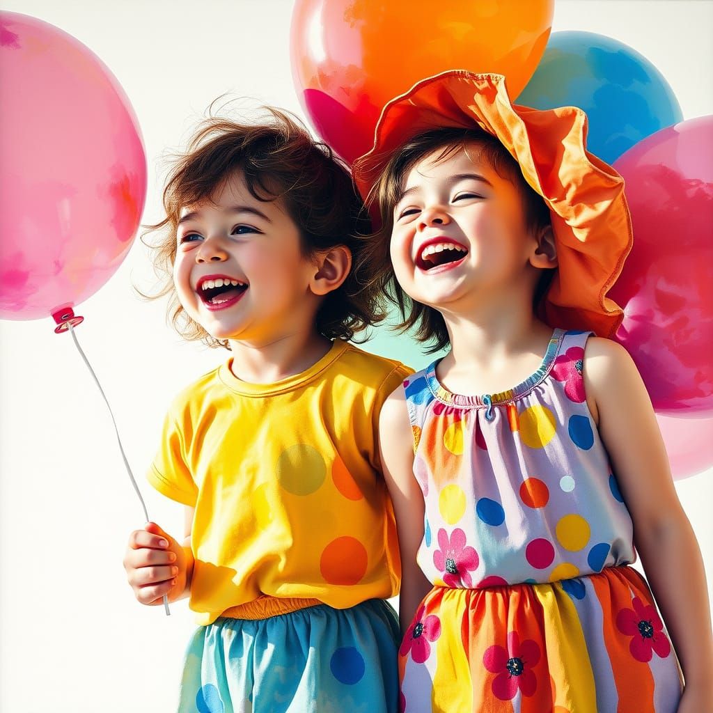 Children Playing with Balloons in Gouache Watercolor Style