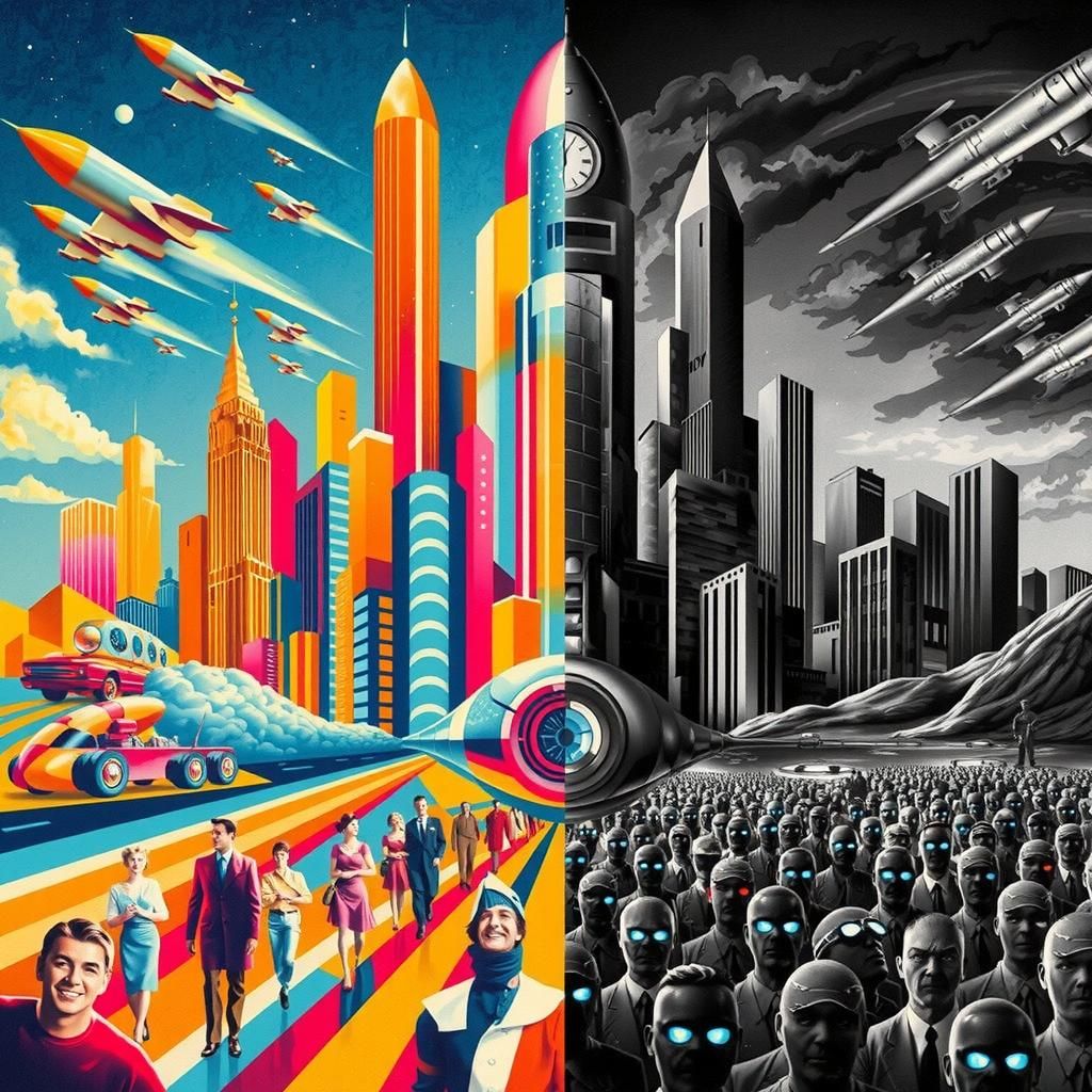 Utopian Dystopian Diptych in Retro-Futuristic Style