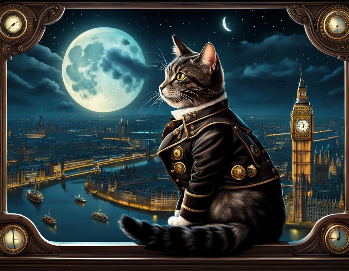 Steampunk Cat Zeppelin Commander Over London