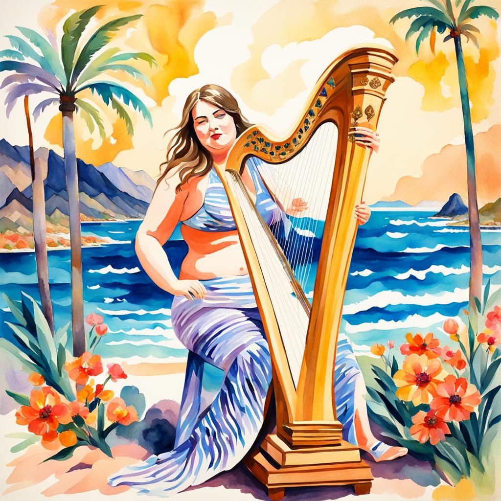Beautiful fat girl in a bikini plays the harp.