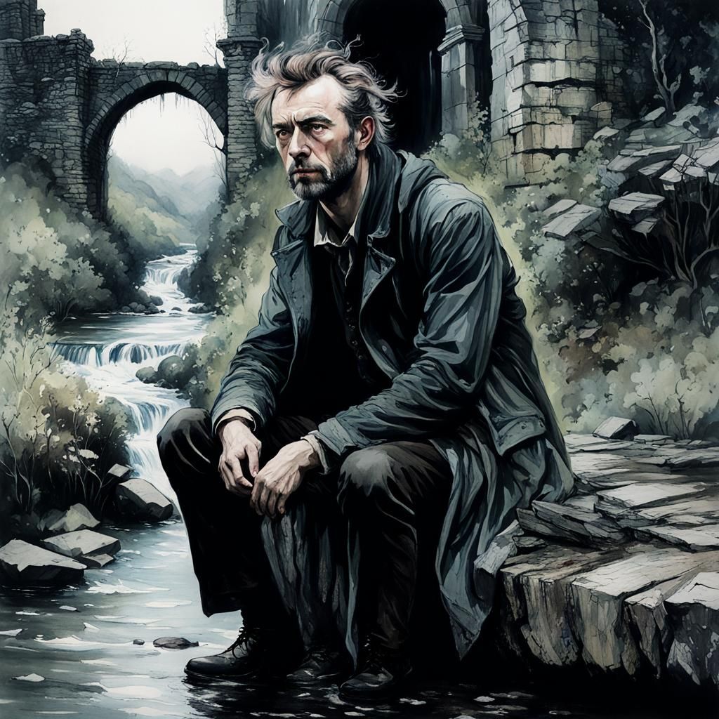Man in Ruins: Storybook Portrait in Rackham Style