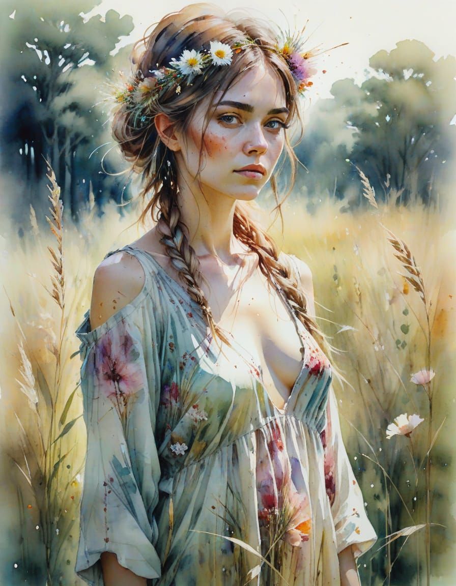 Serene Woman in Field of Tall Grass, Watercolor Painting