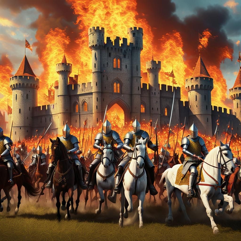 Medieval Tapestry of Knights Fighting at Burning Castle