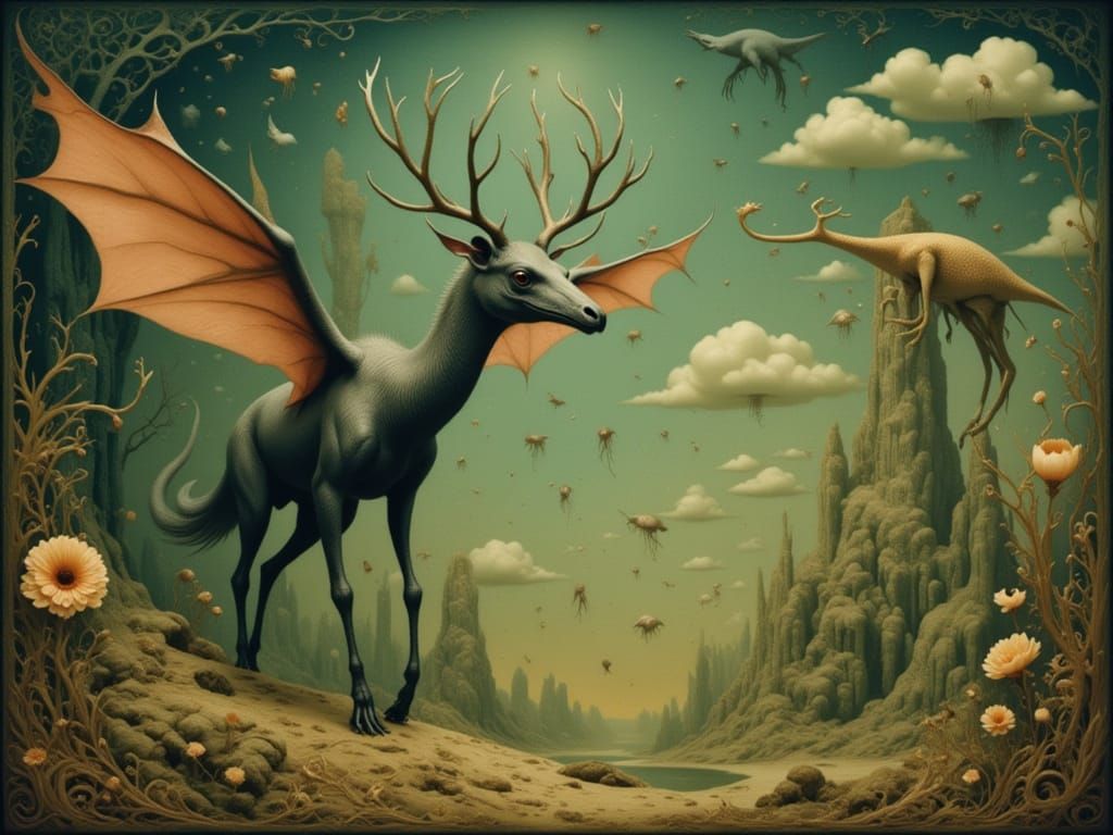 Mythical Snallygaster vs Jabberwocky in Dream Landscape