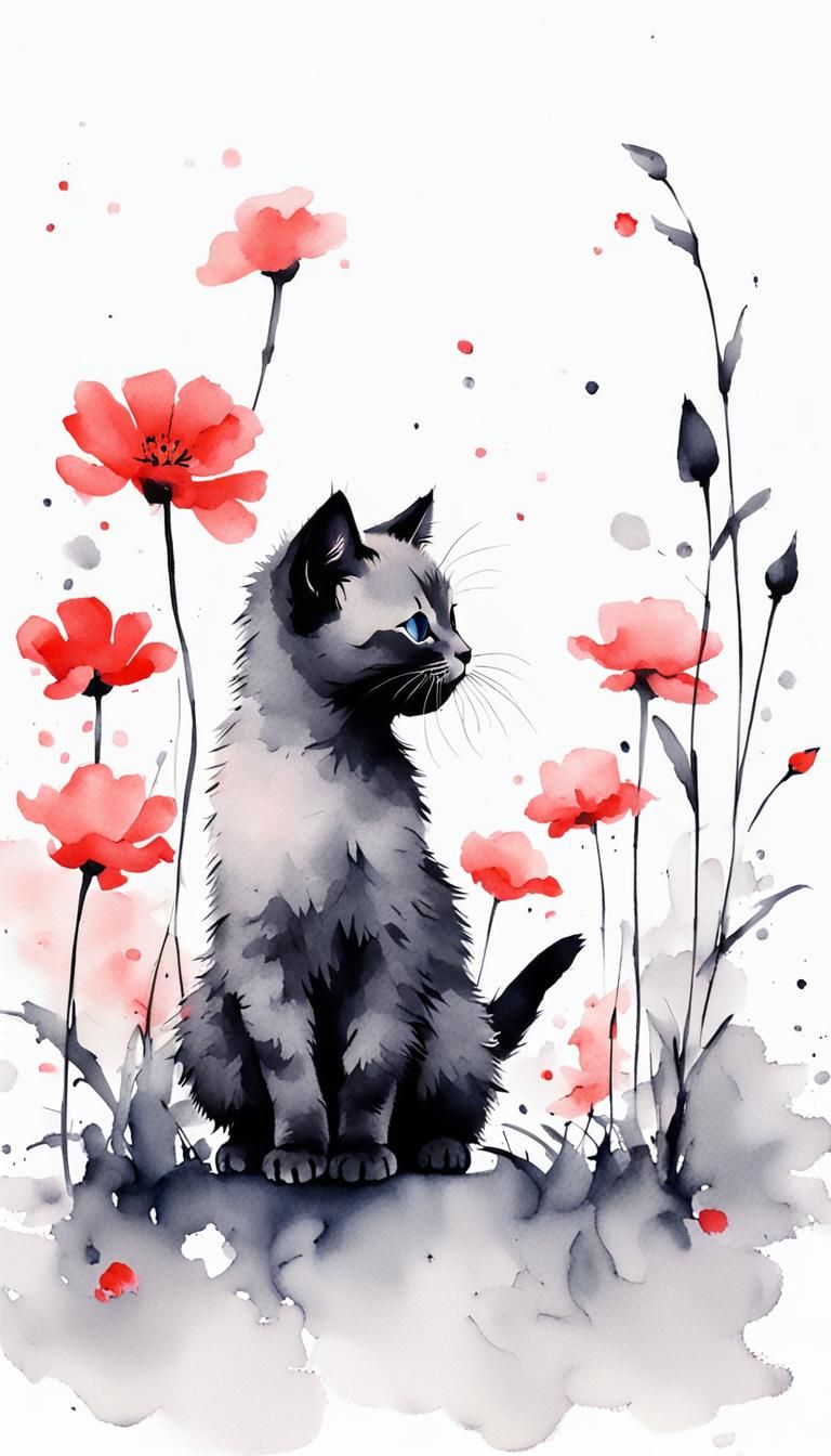 Kitten Playing with Flowers in Chinese Ink Painting