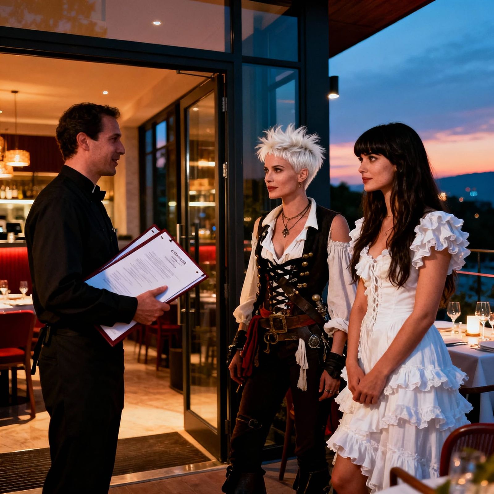 Pirate and Damsel Arrive at Modern Restaurant