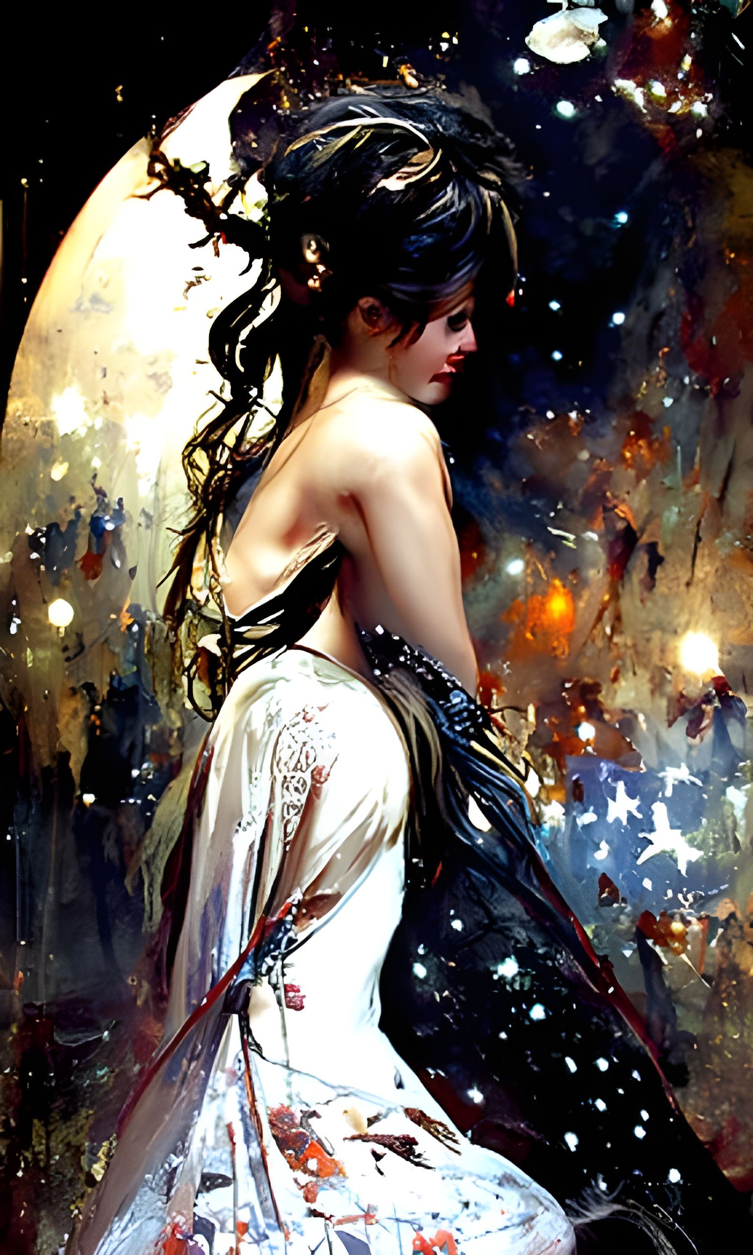 Ethereal Woman in Starry Night Sky Painting