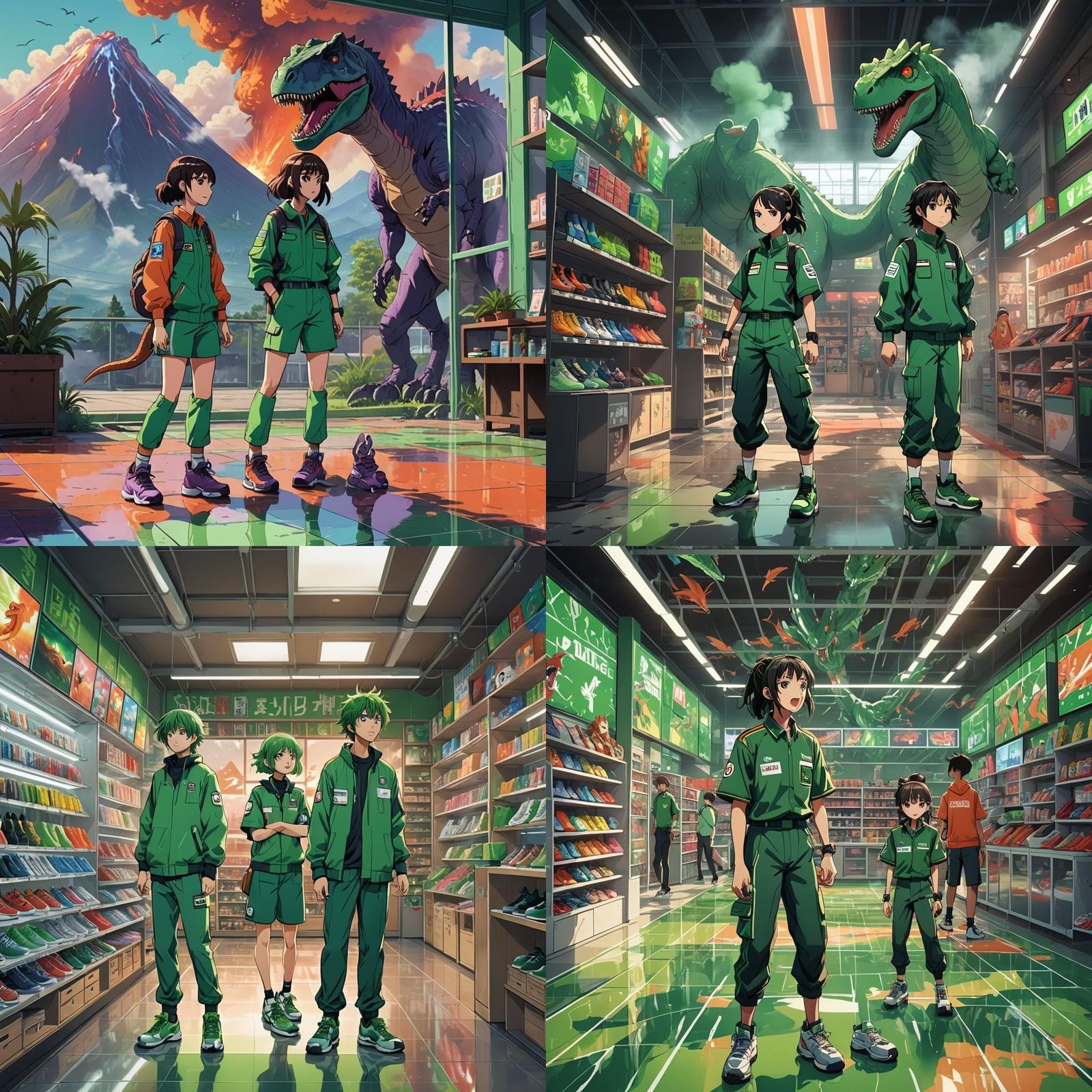 Modern Shoe Store with Volcano in Anime Style