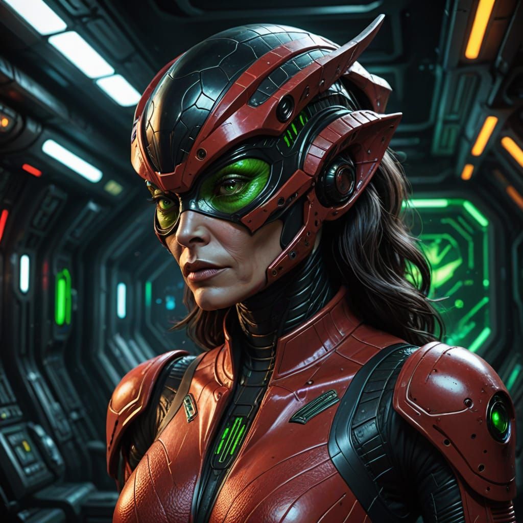 Jane Badler as Diana The alien captain resplendent in her Red PVC uniform with black trim as appearing in the series V, ...