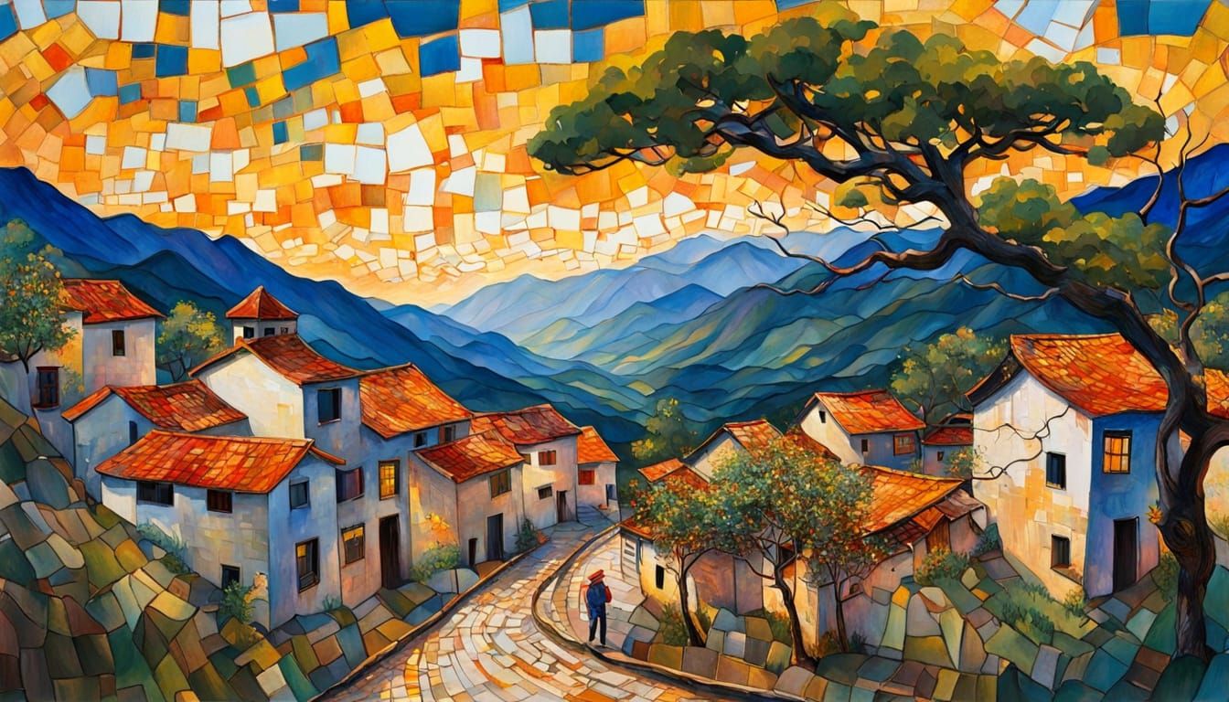 Colorful Mountain Village with Expressive Brushstrokes
