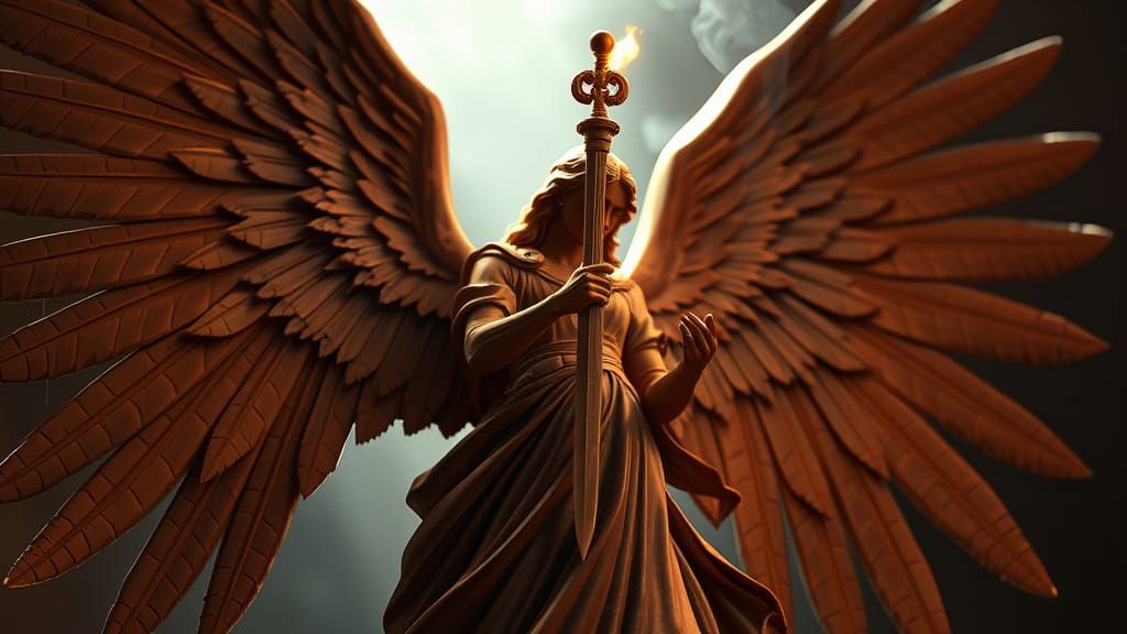 Melting Chocolate Angel Sculpture: Dreamlike Oil Painting