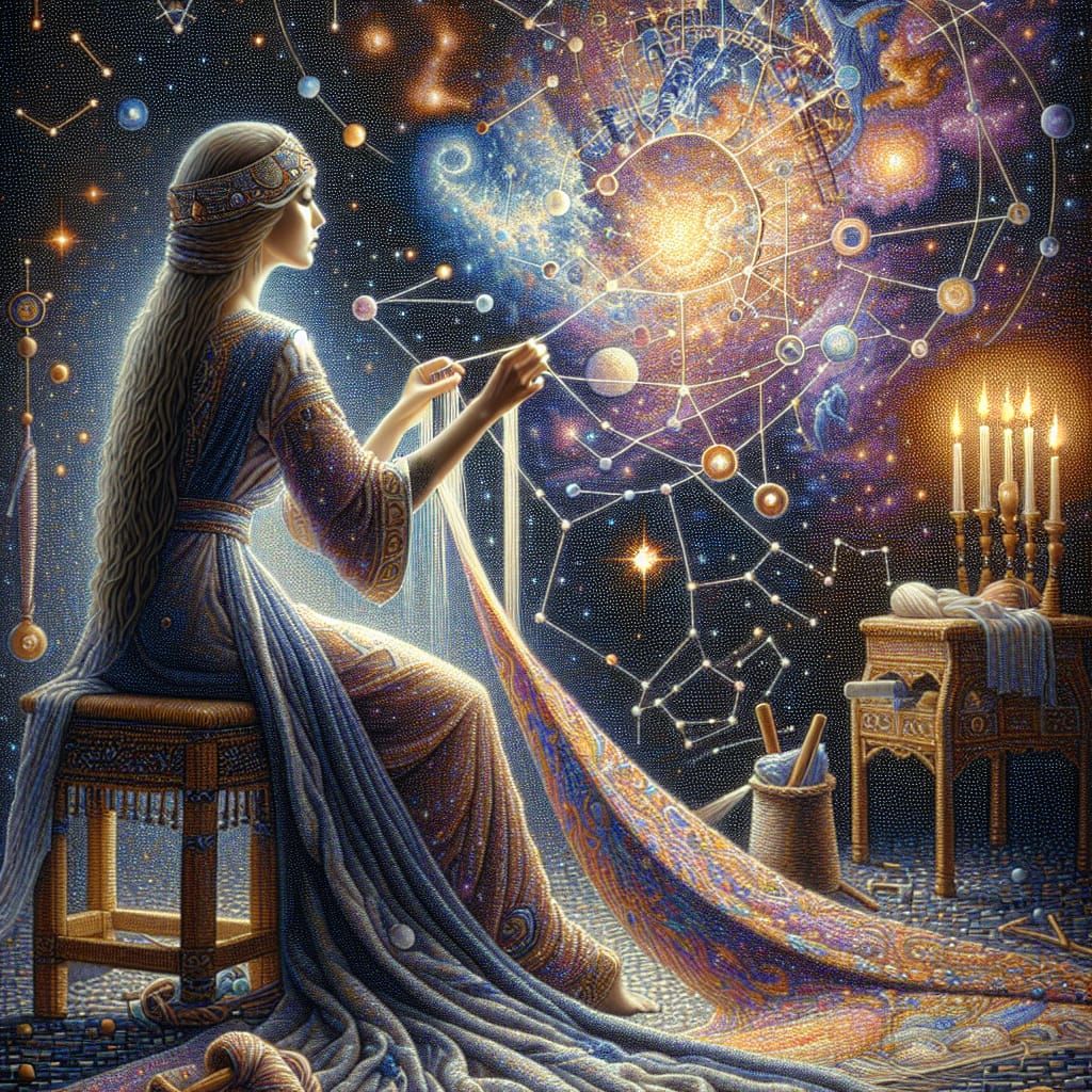 Elegant Woman Weaving a Tapestry of the Cosmos