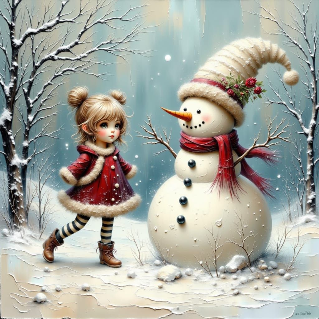 AI Generated Snowman Building Scene with Soft Winter Style
