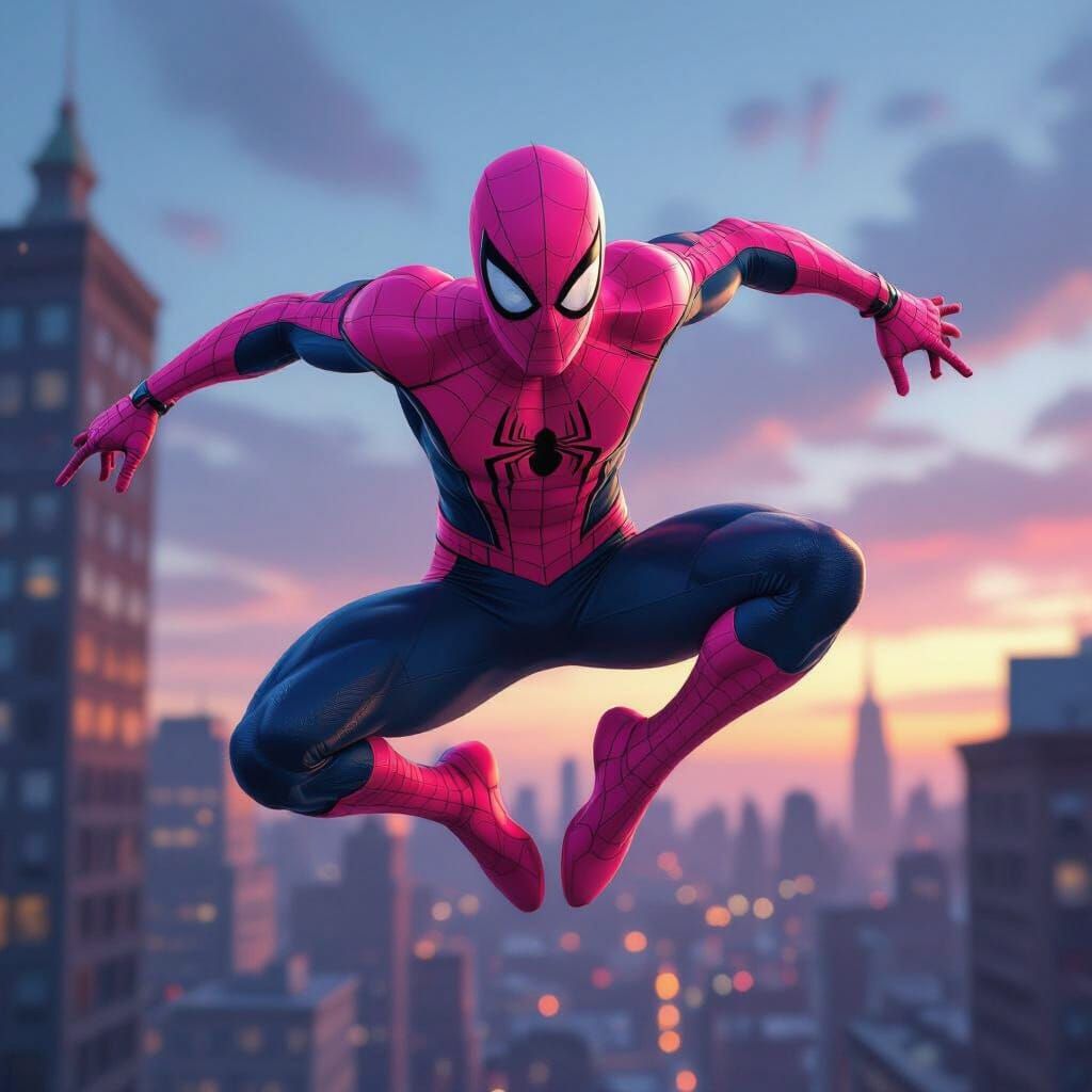 Pink Spider-Man Leaping Through Twilight Cityscape
