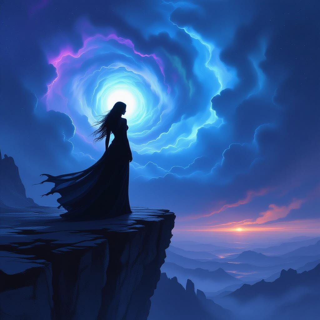 Lone Woman Silhouetted Against Cosmic Nebula