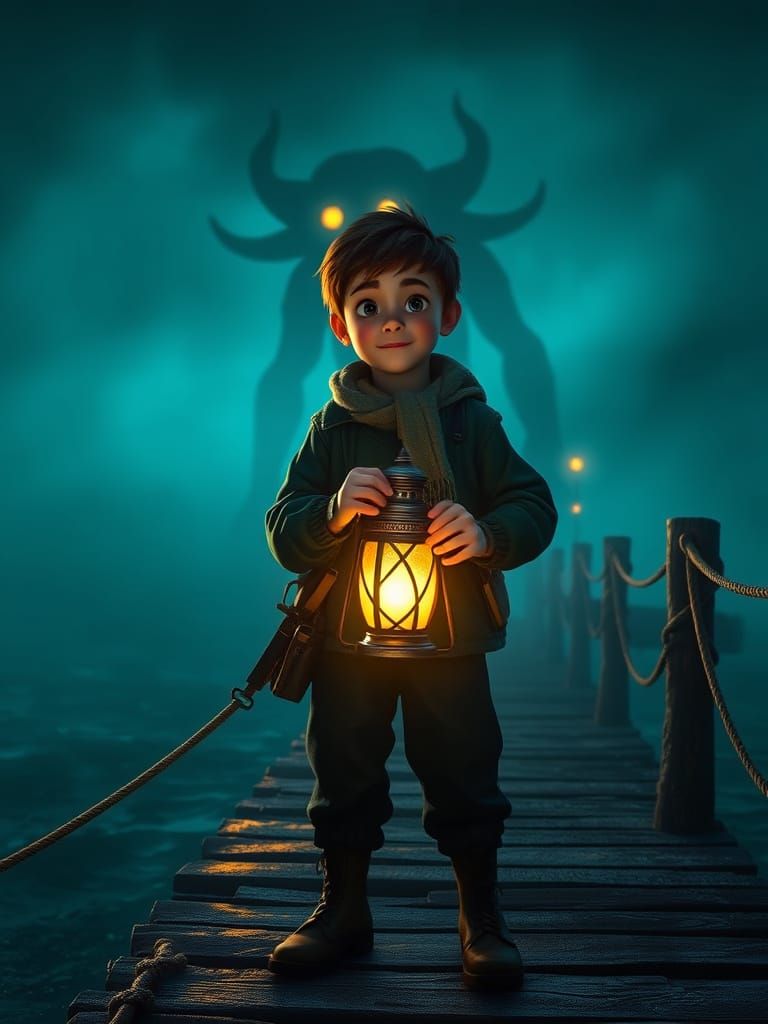 Magical 3D Animated Film Poster: Fisherman with Glowing Lant...