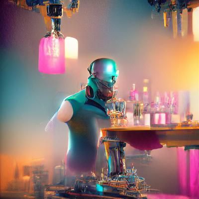 Futuristic Cyborg Bartender in Volumetric Lighting
