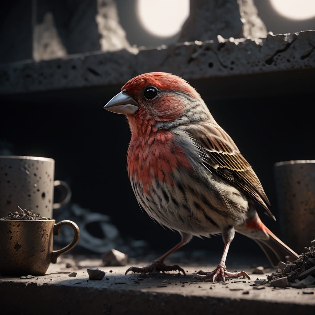 Dystopian Surrealism House Finch on Broken Tea Cup