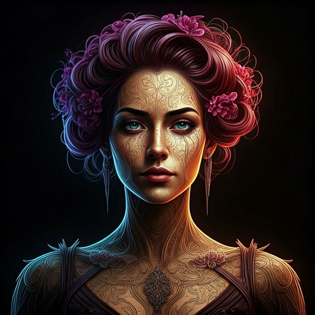 Glowing Neon Portrait in Art Nouveau Style