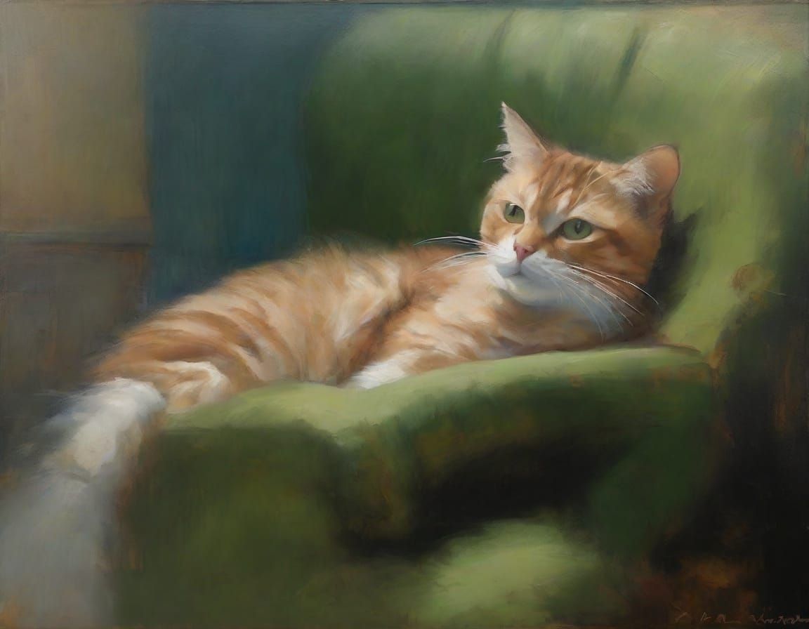 Cat in Recliner as Tonalist Oil Painting