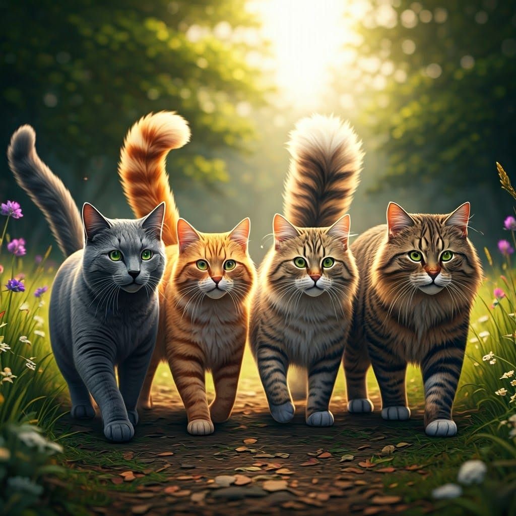 Vibrant Feline Friends Stroll Through a Sunlit Meadow