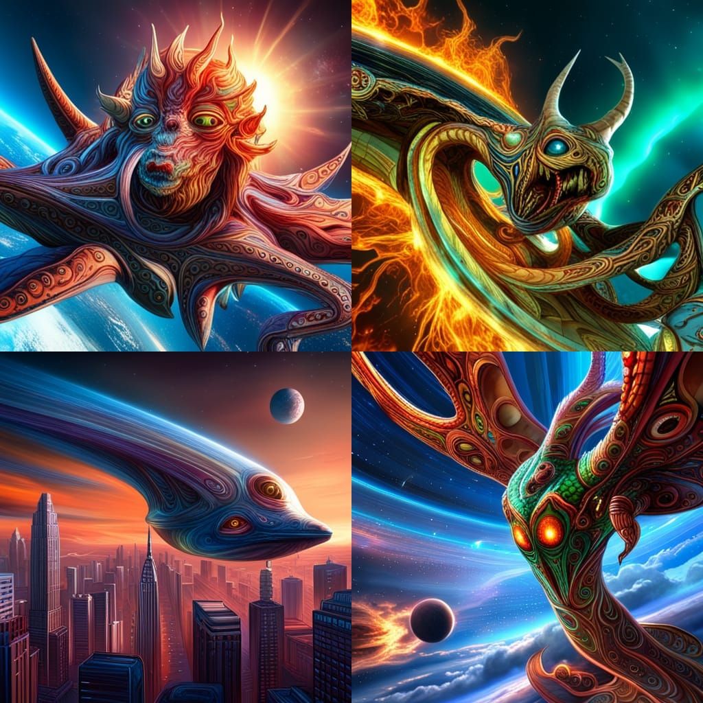 Multi-Dimensional Monster Creature on Starship, 3D Rendered