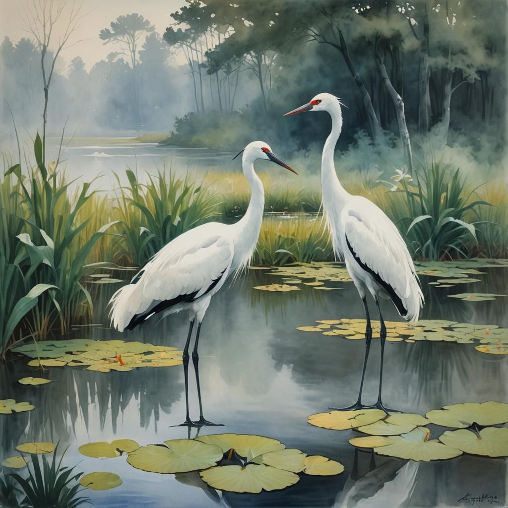 Cranes in Lily Pond: Impressionist Watercolor Painting