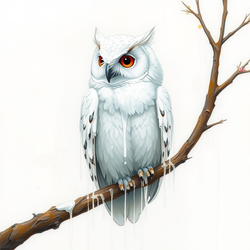 Whimsical White Owl in Dripping Paint