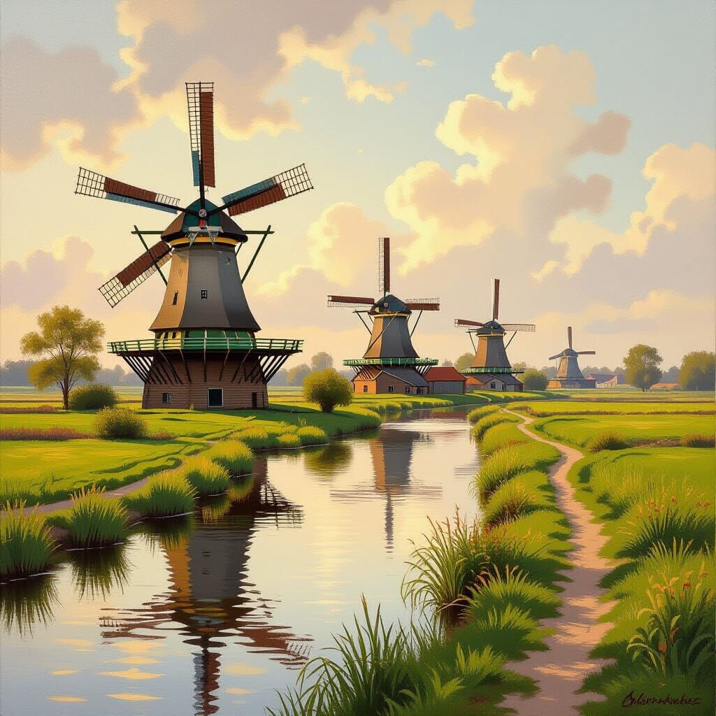 Historic Netherlands Windmills in Golden Light