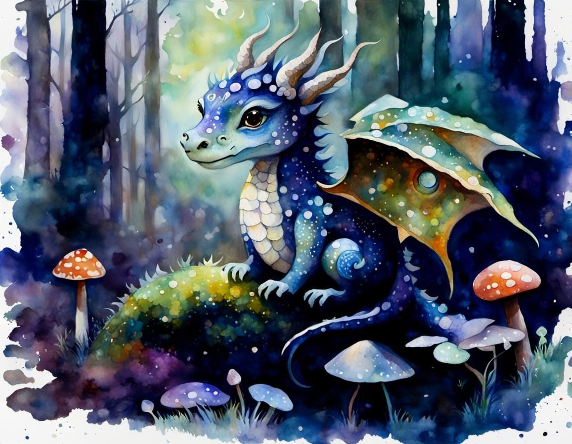 Dragon in Midnight Forest: Watercolor Painting