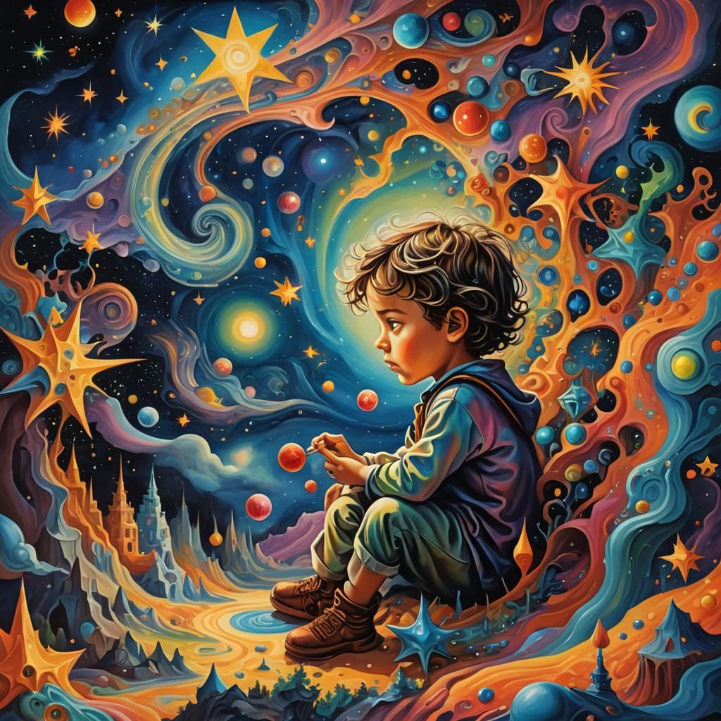 Surreal Child in Cosmic Landscape, Oil Painting