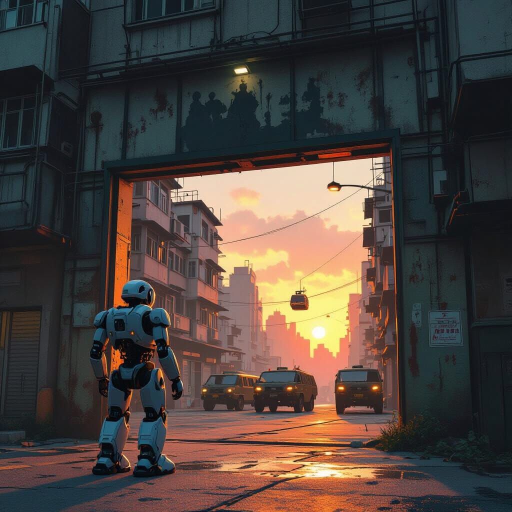Cyberpunk Hong Kong: Worker Robot in Sci-Fi Cityscape
