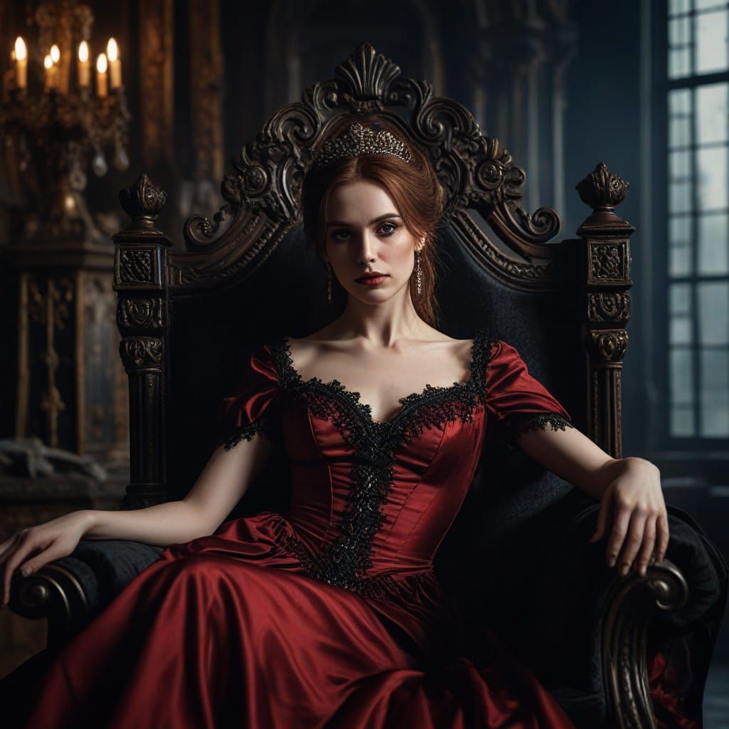 Vampire Queen in Red Regalia, Baroque Castle