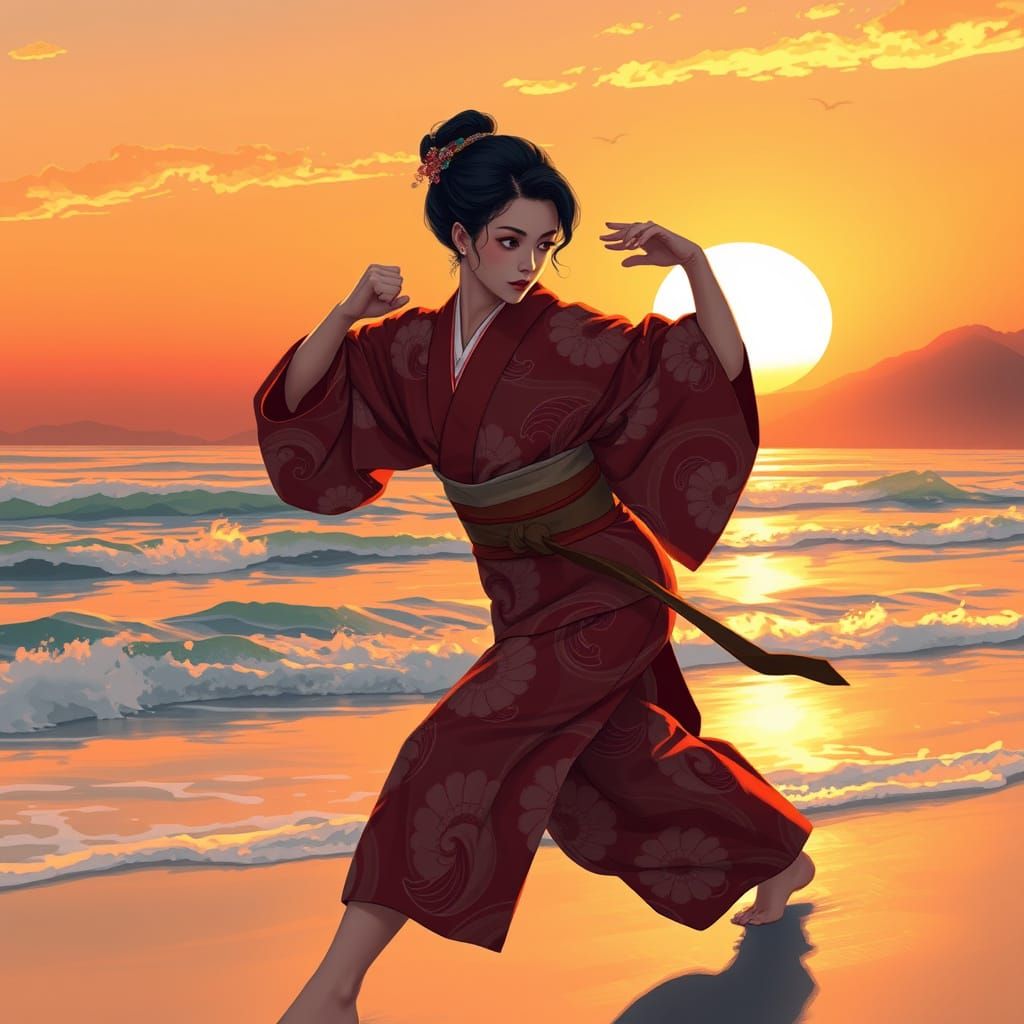 Geisha Karate on Sunset Beach: Ukiyo-e Style
