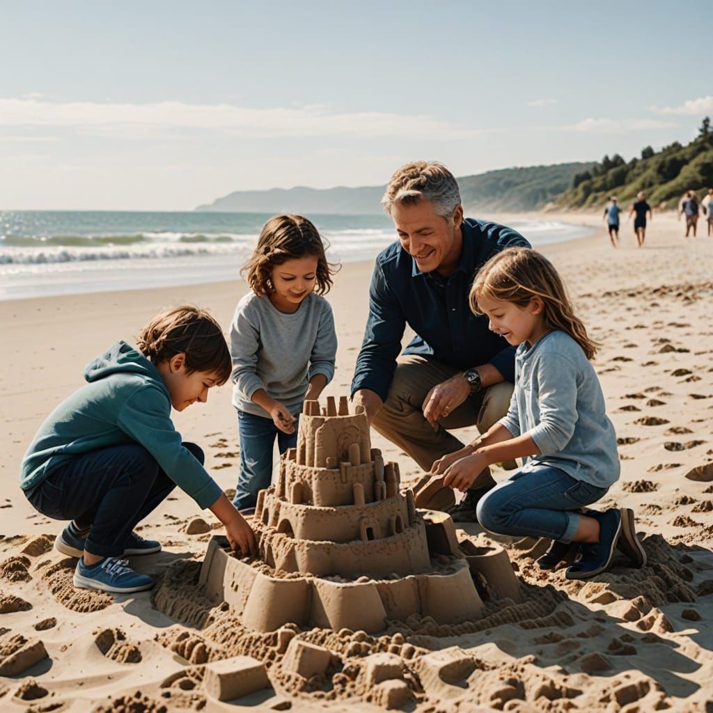 children building a sandcastle on the beach with their dad