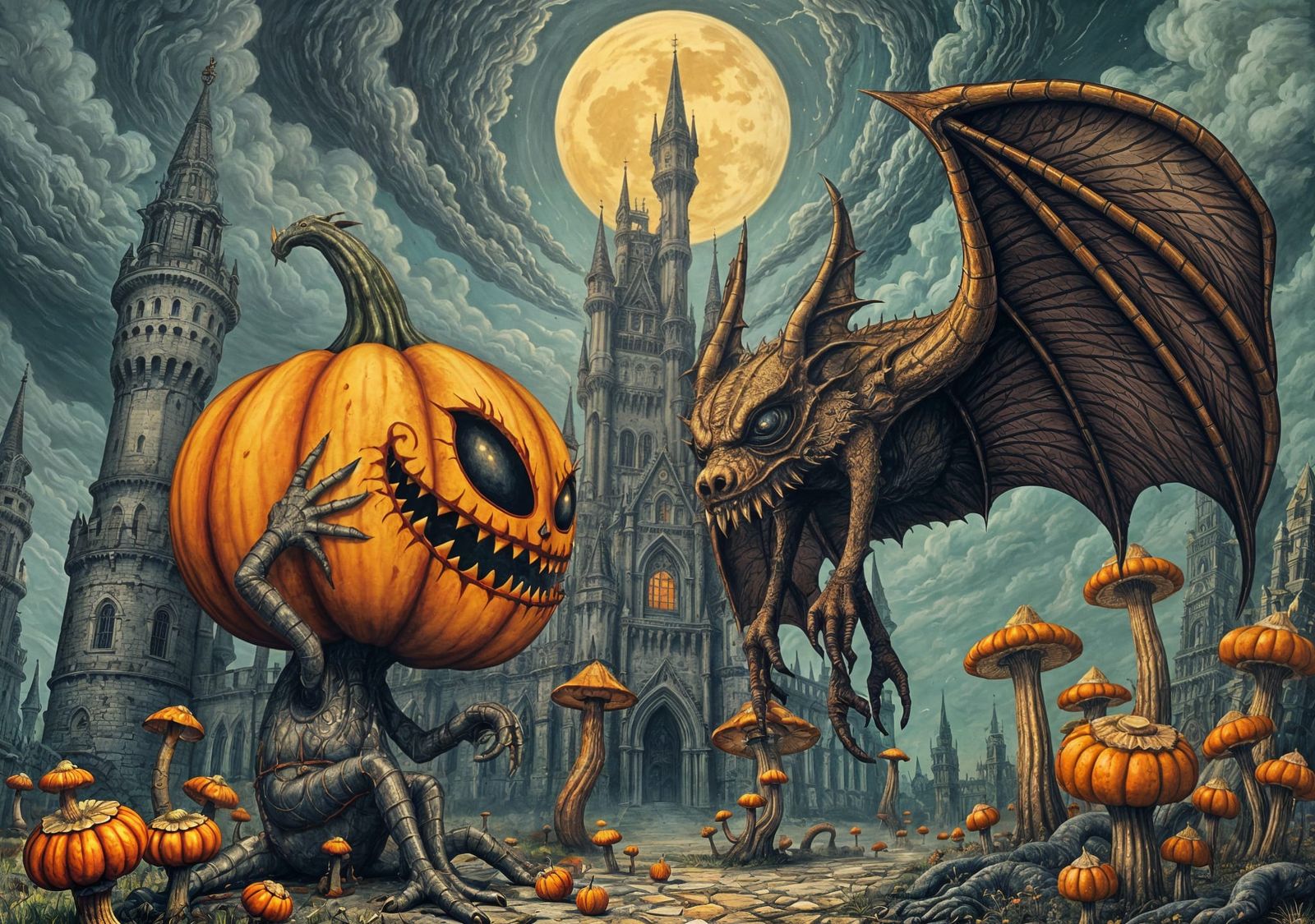 Psychedelic Halloween Monsters in a Spooky Landscape