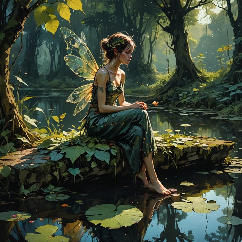 Pensive Fairy by Pond: Mixed Media Art