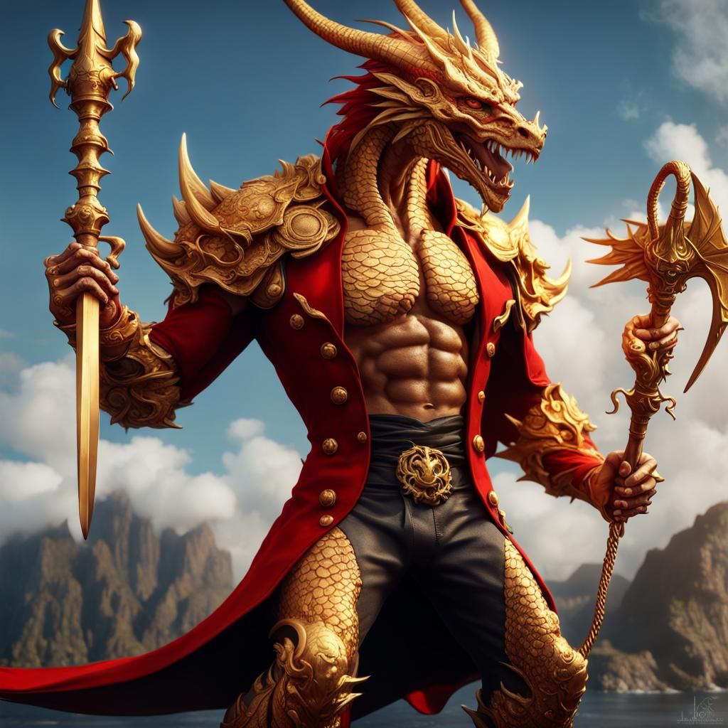 Gold Dragon Pirate Humanoid in Detailed Matte Painting