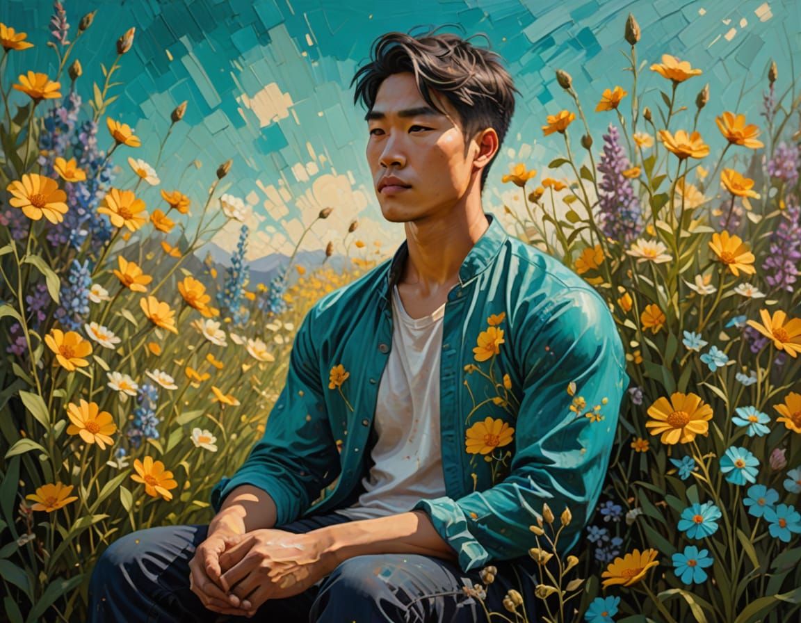 Impressionistic Oil Painting of Man in Wildflowers