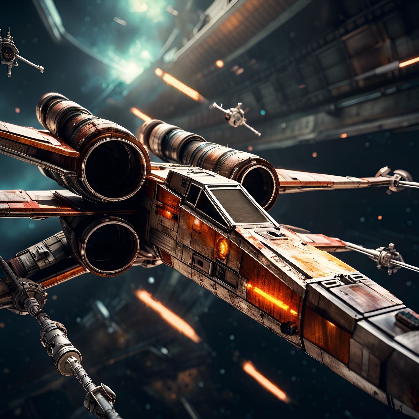 Rusted X-Wing Starfighter in Epic Space Battle