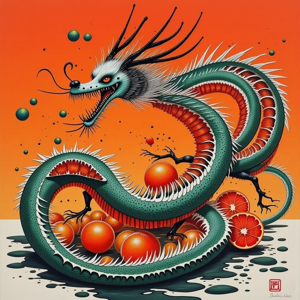 Blood Orange Chinese Dragon in Vibrant Watercolor Style