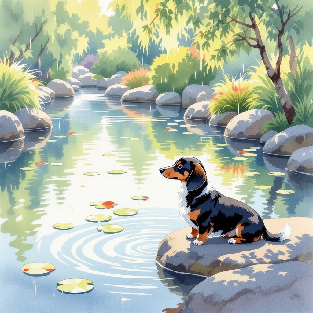 Serene Dachshund by Koi Pond in Watercolor Style