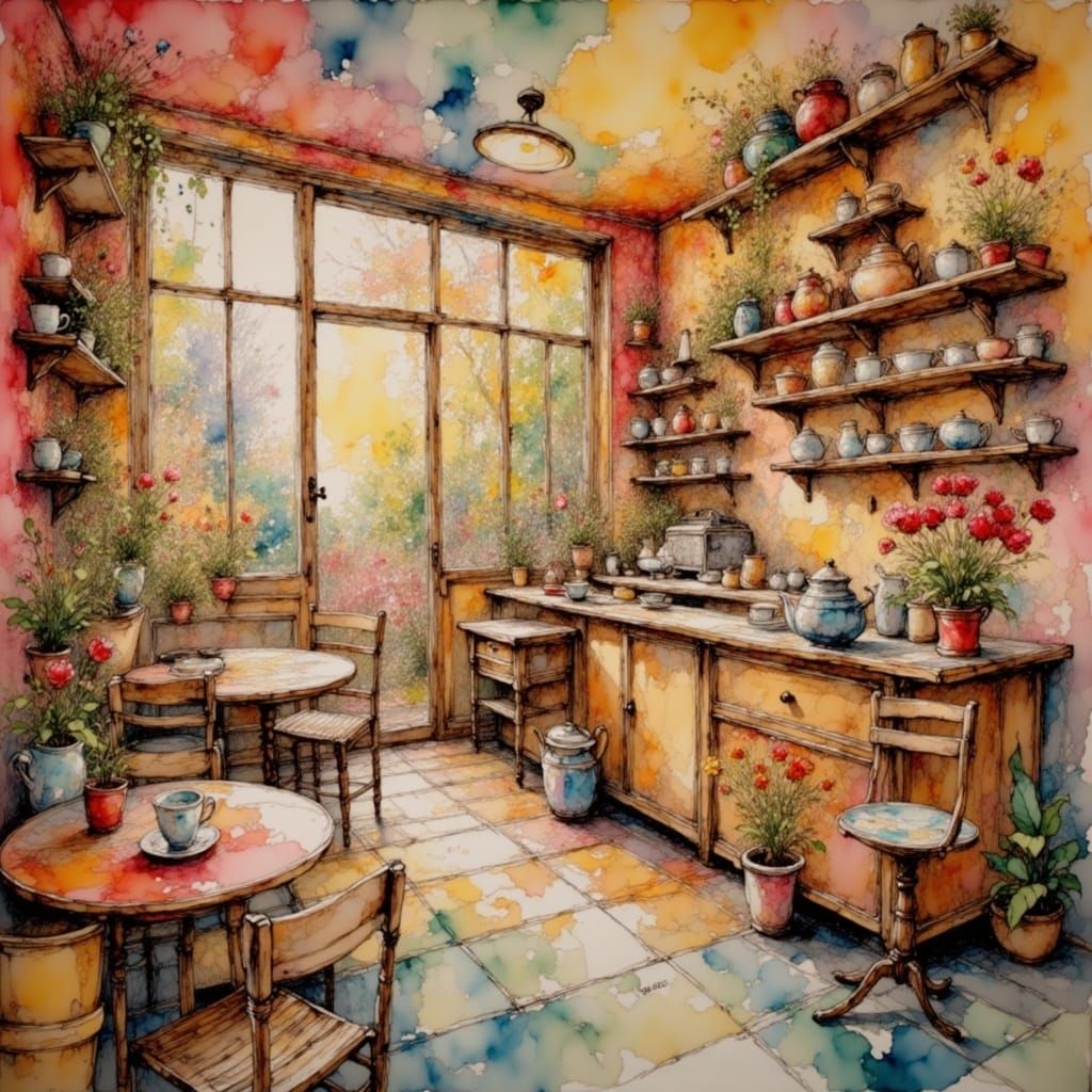 Intricate Watercolor-Style Tea Shop Scene